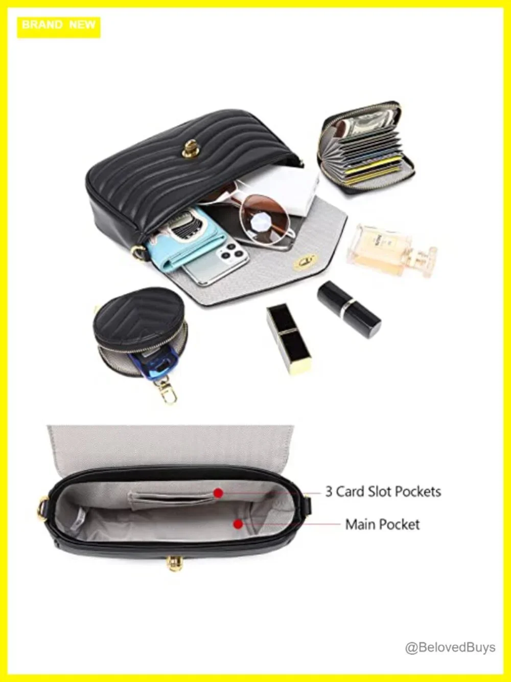 Quilted Faux Leather Crossbody Bag with Chain Strap, 3-Piece Purse Set with
